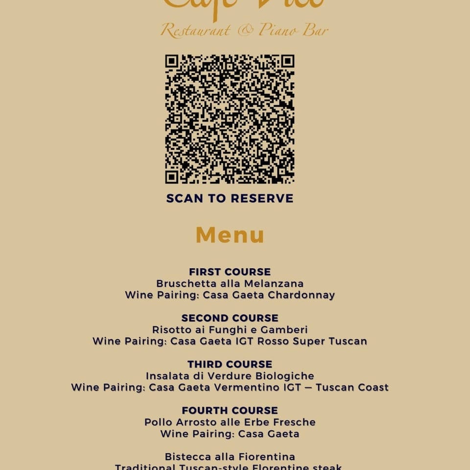 Café Vico five-course wine dinner menu with wine pairings and scan-to-reserve QR code